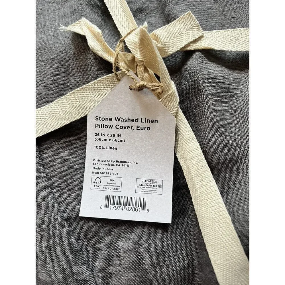 FERN 100% Linen Gray Stone Washed Minimalist Neutral pillow Cover X2 26in x 26in